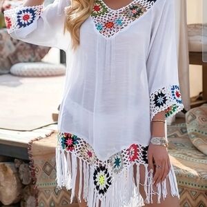White Crochet Fringe Beach Cover-Up with Colorful Floral Insets
